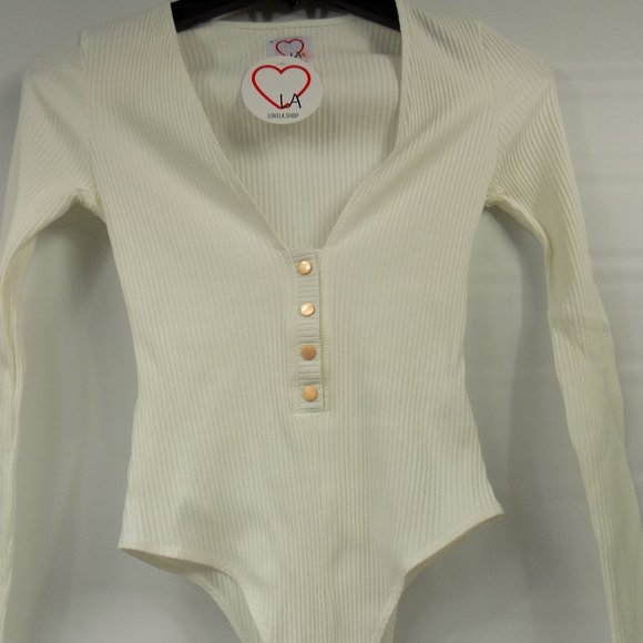 LoveLA Brenda Snap Button Long Sleeve V-Neck Bodysuit Size S - Picture 2 of 10